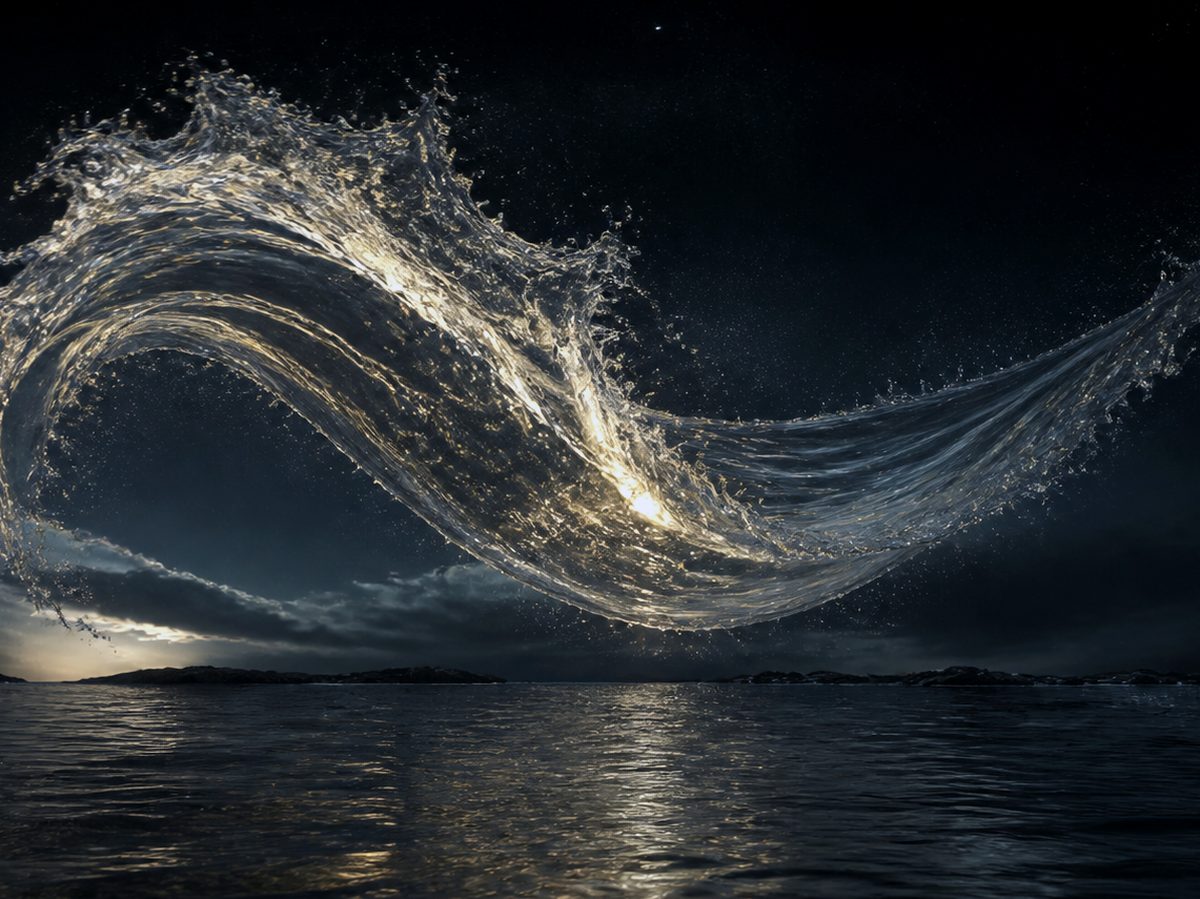 A cinematic fluid simulation catching light above dark water.