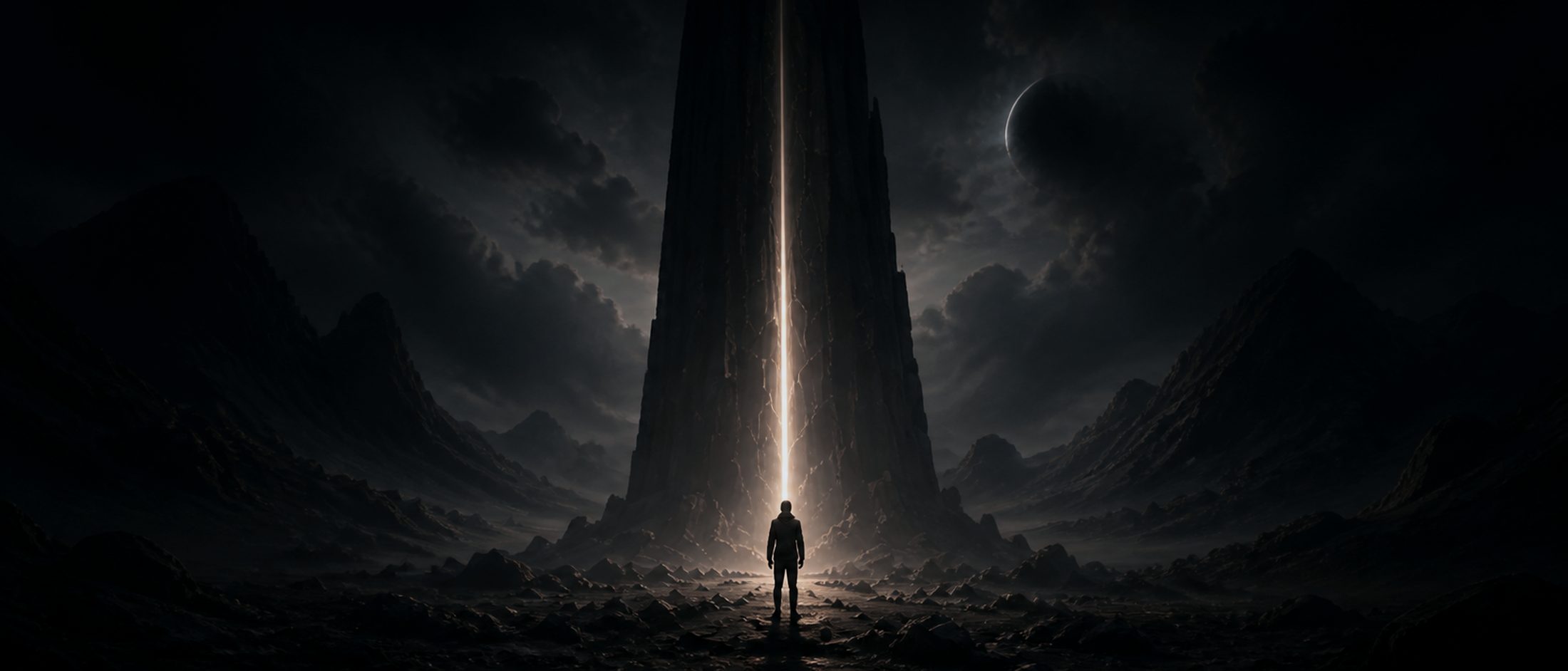 Wide cinematic landscape under a shaft of light.