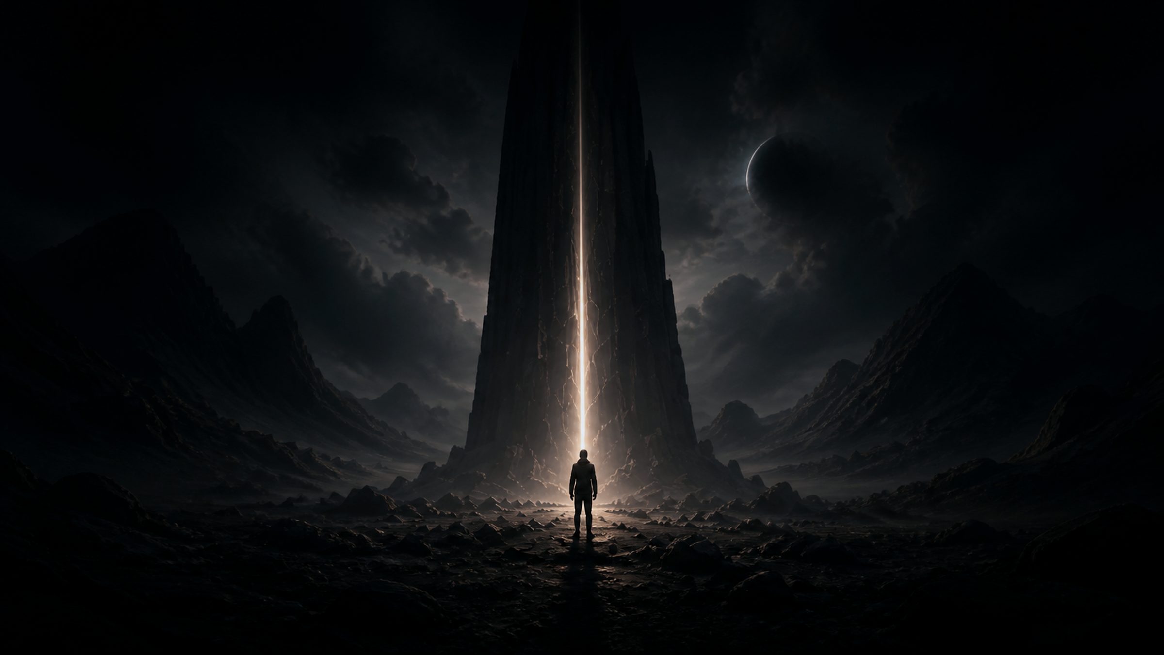 A lone figure standing before a vast monolith split by a shaft of light.