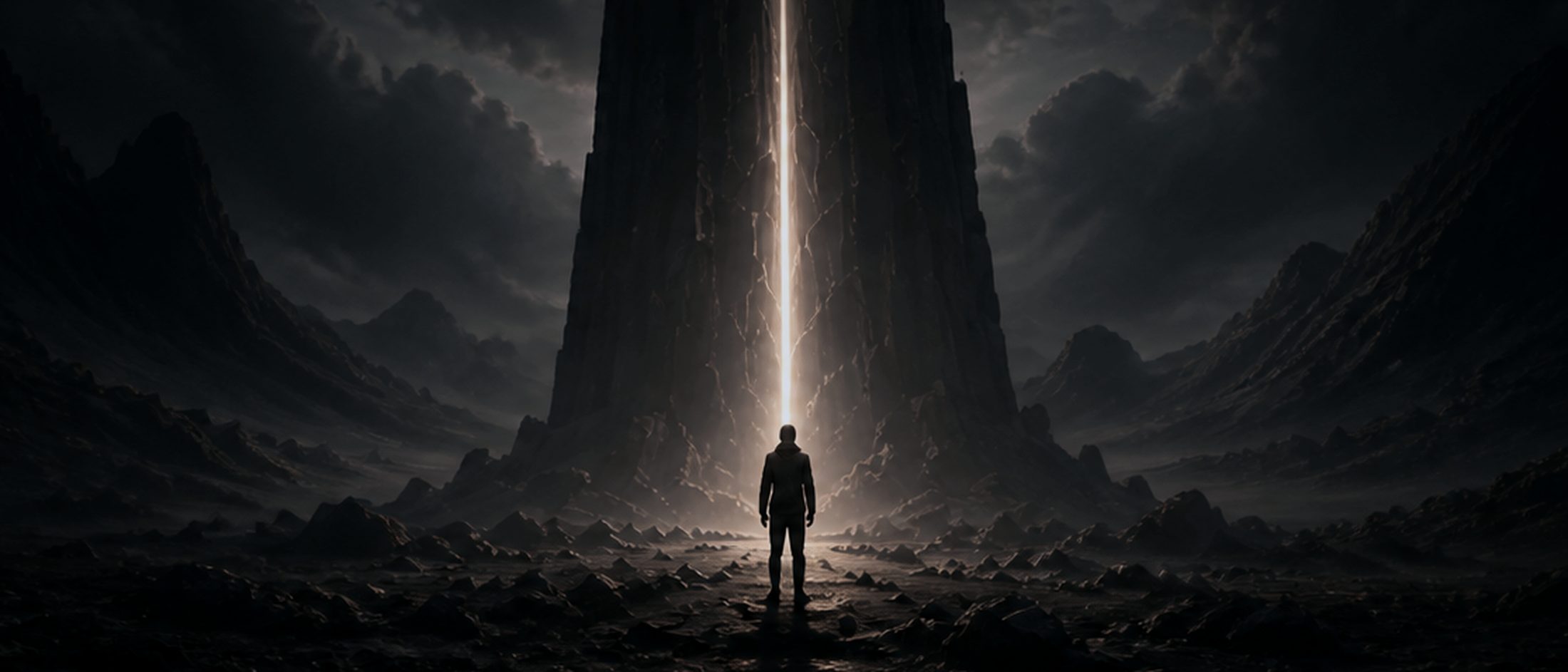 Dark cinematic landscape under a narrow shaft of light.