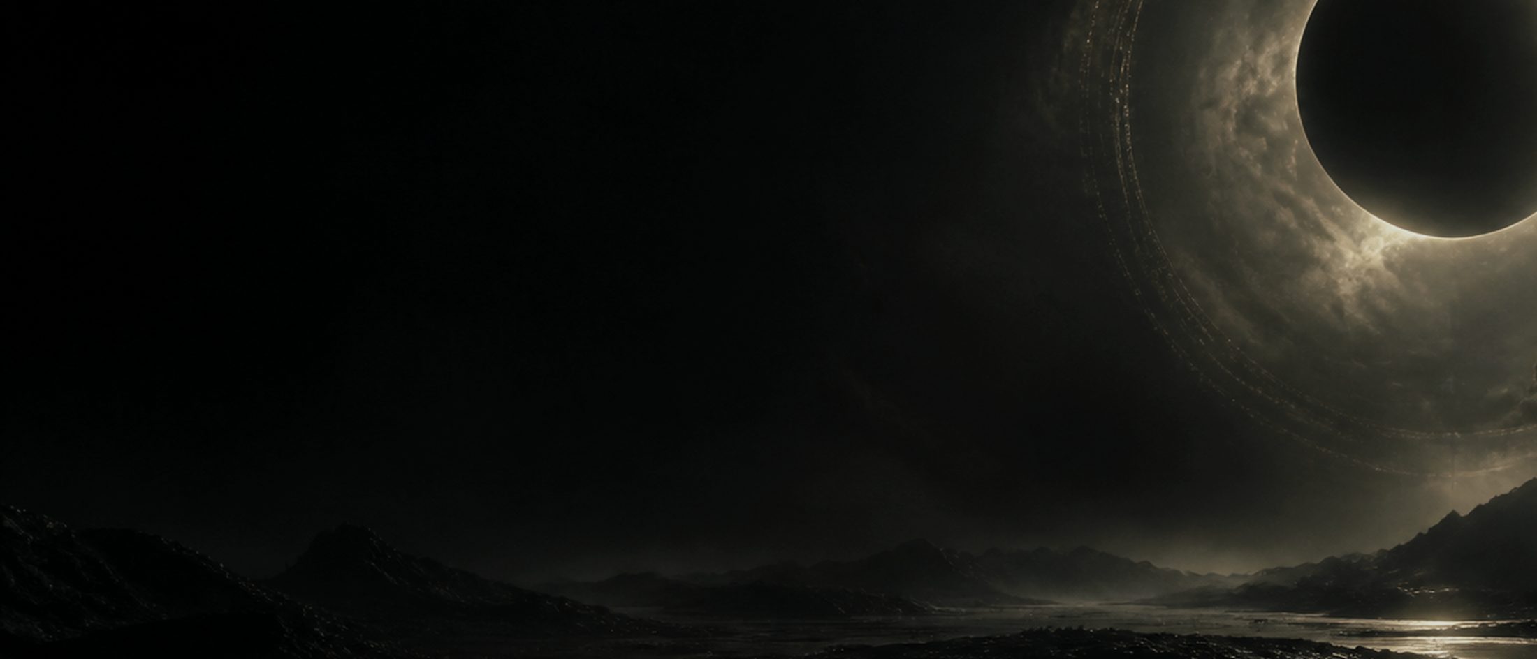 Dark cinematic landscape under eclipse light.