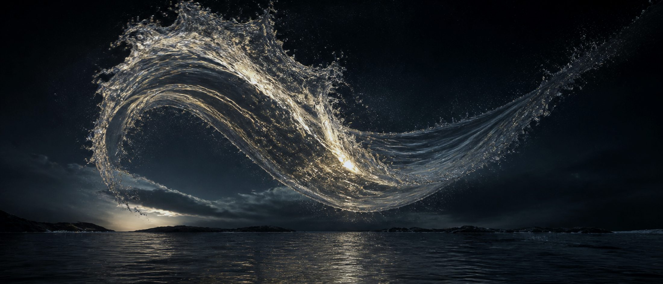 A luminous simulation above dark water.